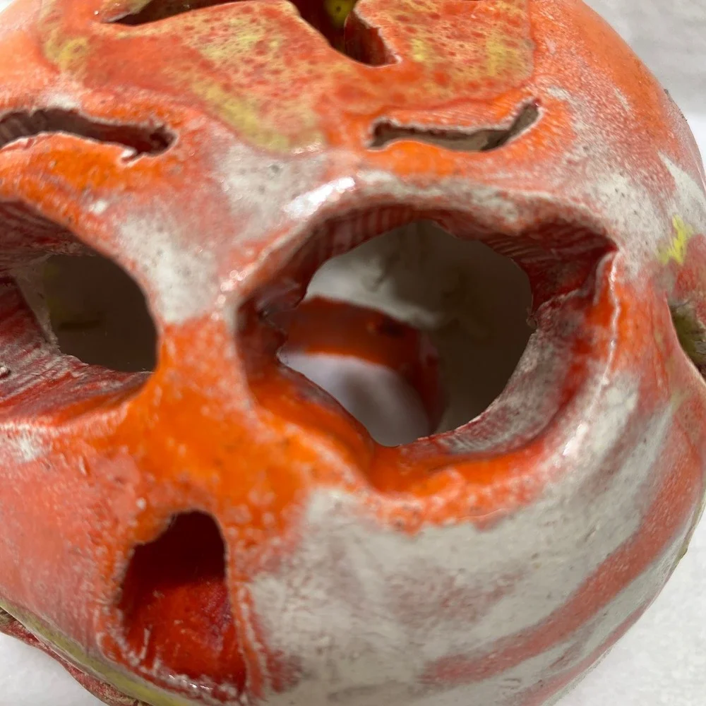 Handmade‎ Ceramic Ugly Face Jack-O-Lantern  Candle Holder Orange Glazed Folk Art